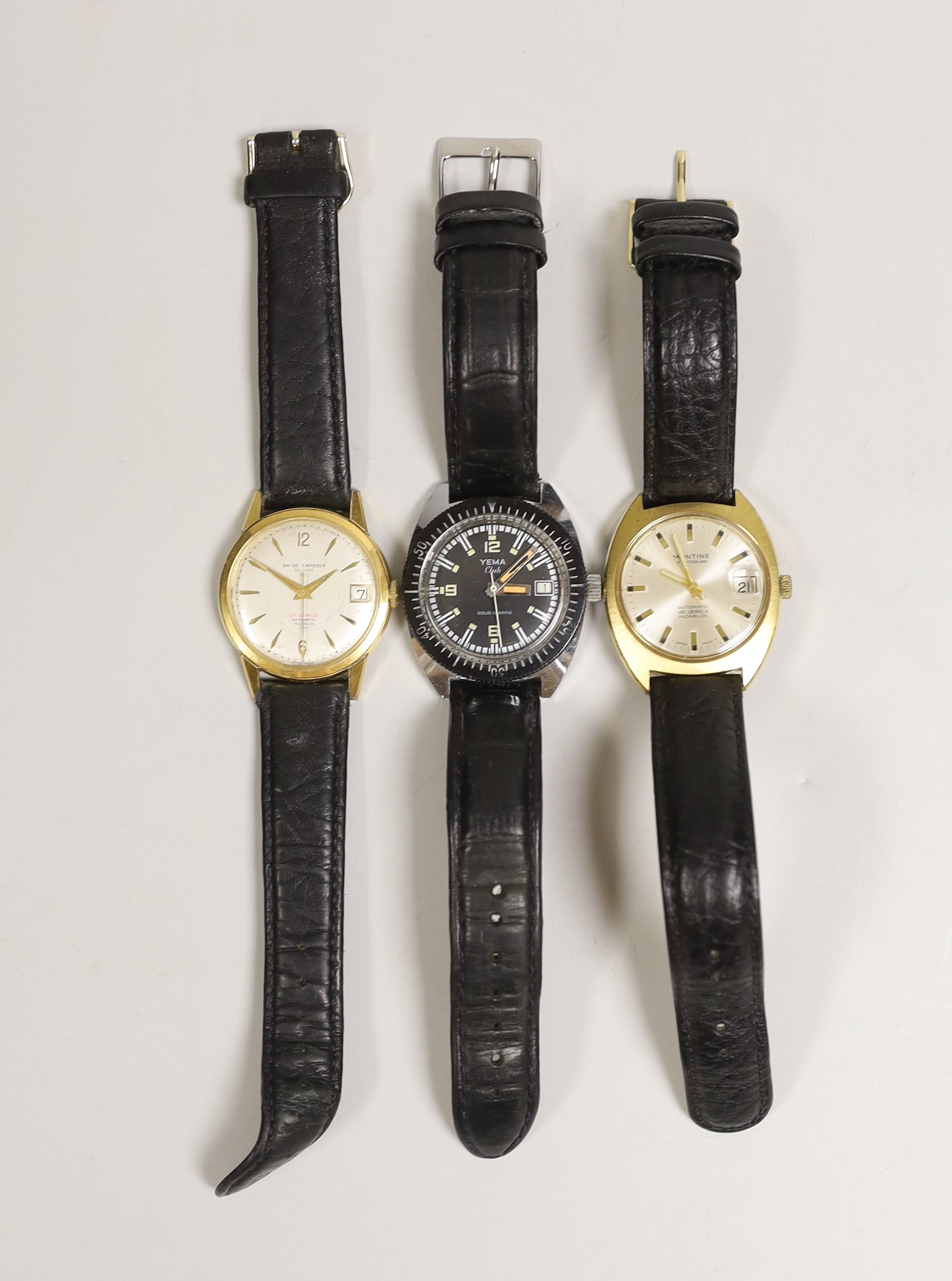 Three gentleman's assorted wrist watches including steel and gold plated Montine automatic and Swiss Emperor De Luxe automatic and a stainless steel Yema Club Sous-Marine.